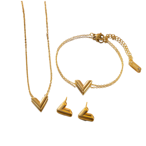 18k Gold Plated Stainless Steel V Necklace Bracelet Earrings Jewelry Set for Women