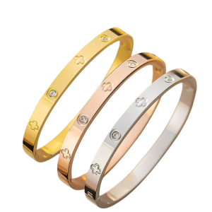 Stainless Steel Zircon Four Leaf Clover Bangle Bracelet