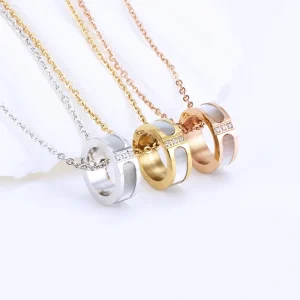 Trendy Stainless Steel & Rose Gold Link Chain Necklace for Women Ring Pendant with Diamond and Zircon Ice Style