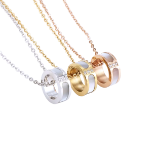Stainless Steel Rose Gold Link Chain Necklace with Ring Zircon Pendant for Women
